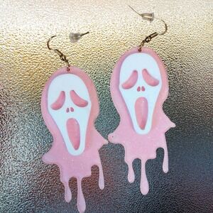 Pink Ghost Face Scream Earrings Cute Spooky Halloween Pastel Horror Goth Sparkle